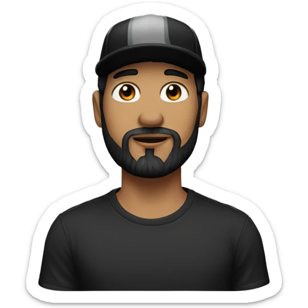 Man with black hair and beard with white skin and a black cap on and with black t shirt  sticker
