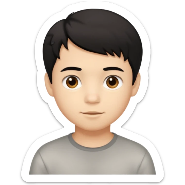 Simple iOS-style emoji of a young boy with short, slightly messy black hair, a round face, large brown eyes, and a small neutral smile sticker