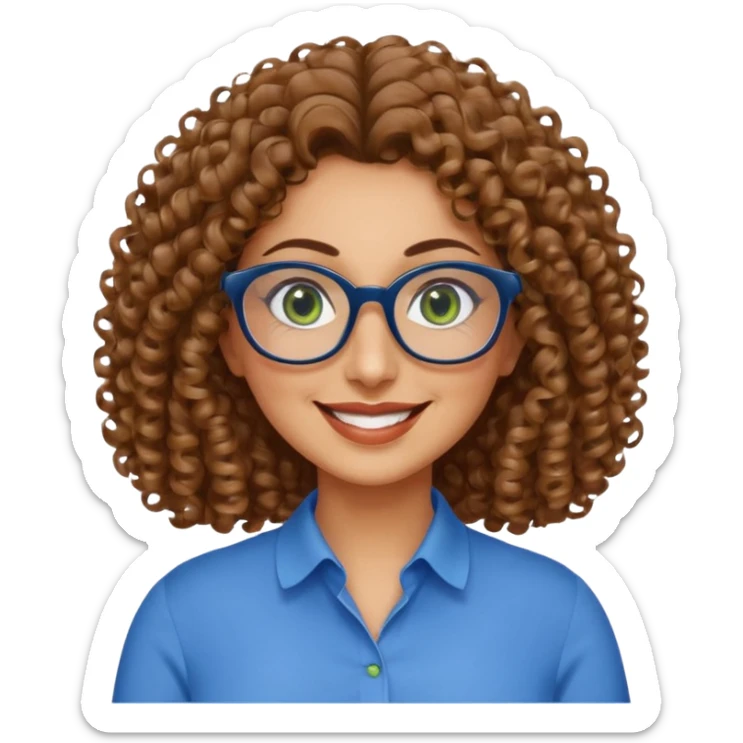 40 yr old Iranian woman, light brown very curly thick hair, shoulder length hair, green eyes, tan skin, big smile, big glasses, with pretty blue blouse sticker