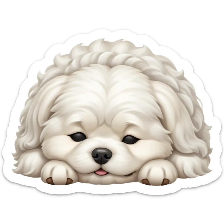 Cinematic Meme-Worthy Chubby Sleeping Wavy-Haired Maltese dog Portrait Emoji, Head resting peacefully with a contented smile, featuring a delightfully chubby build and a luxuriously soft, wavy-haired white coat, eyes shut in a serene nap, Simplified yet hilariously adorable features, highly detailed, glowing with a soft, drowsy light, high shine, relaxed and utterly lovable, stylized with an air of playful laziness, bright and endearing, soft glowing outline, capturing the essence of a comically sleepy companion, so meme-worthy it feels like it could instantly become the next viral sensation of adorable slumber! sticker