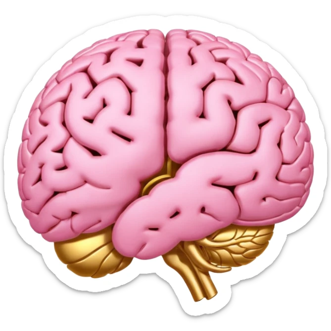 A pink brain with elegant golden details and accents. In the center of the brain, there's a clean, empty space or hollow area, as if a part is carved out. sticker