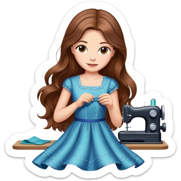 Woman with long brown hair sewing a cute dress with sparkles around her in the background elegant  sticker