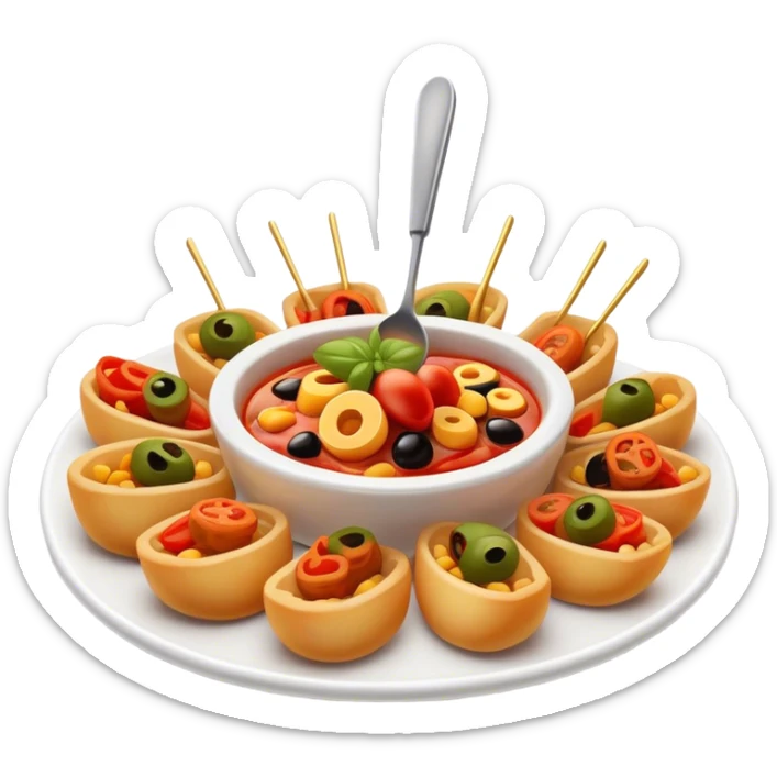 Cinematic Realistic Tapas Dish Emoji, depicted as an assortment of small, flavorful Spanish appetizers rendered with vibrant detail and warm, inviting lighting. sticker