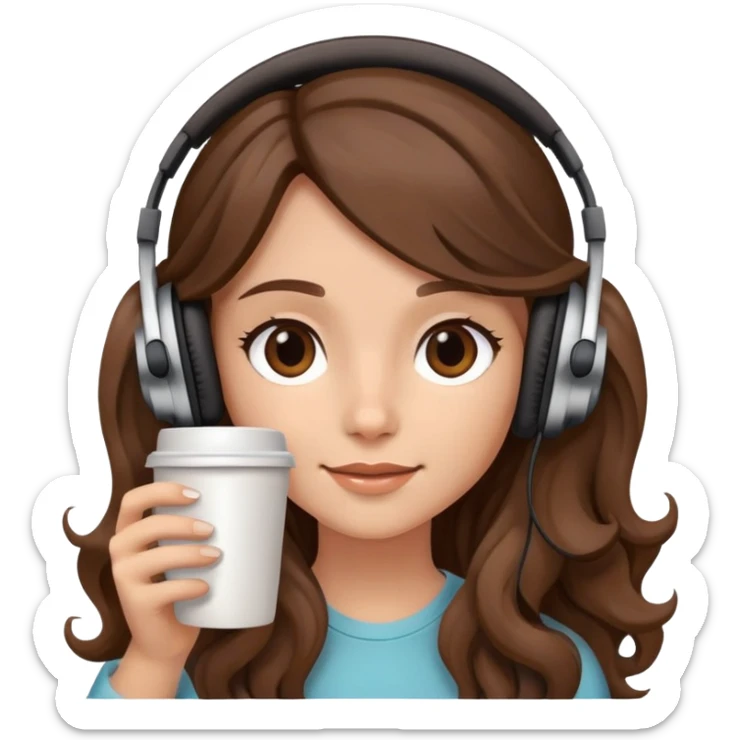 A girl with brown wavy long hair, wearing headphones on her head and holding coffee in her hand sticker