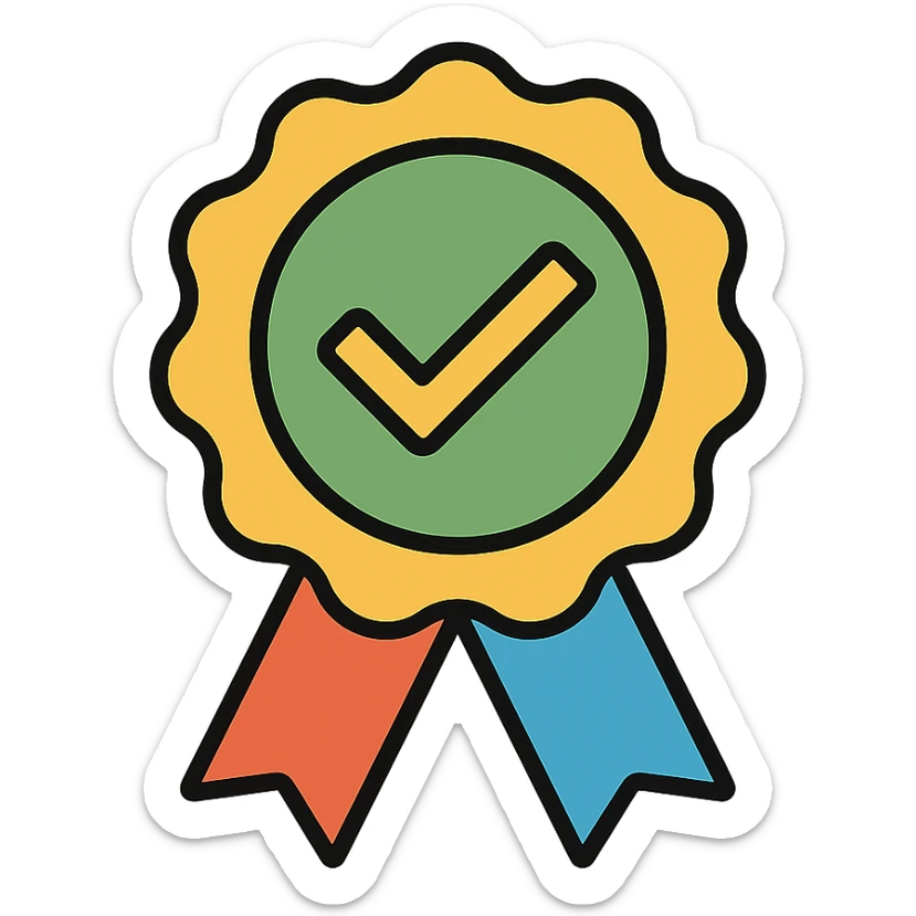 vector icon of a seal of trust with gold and colorful elements, elegant and minimalist flat design, isolated on white background, award badge style, 2D flat vector, trending icon look, soft shadows, no text, perfect for commercial use sticker