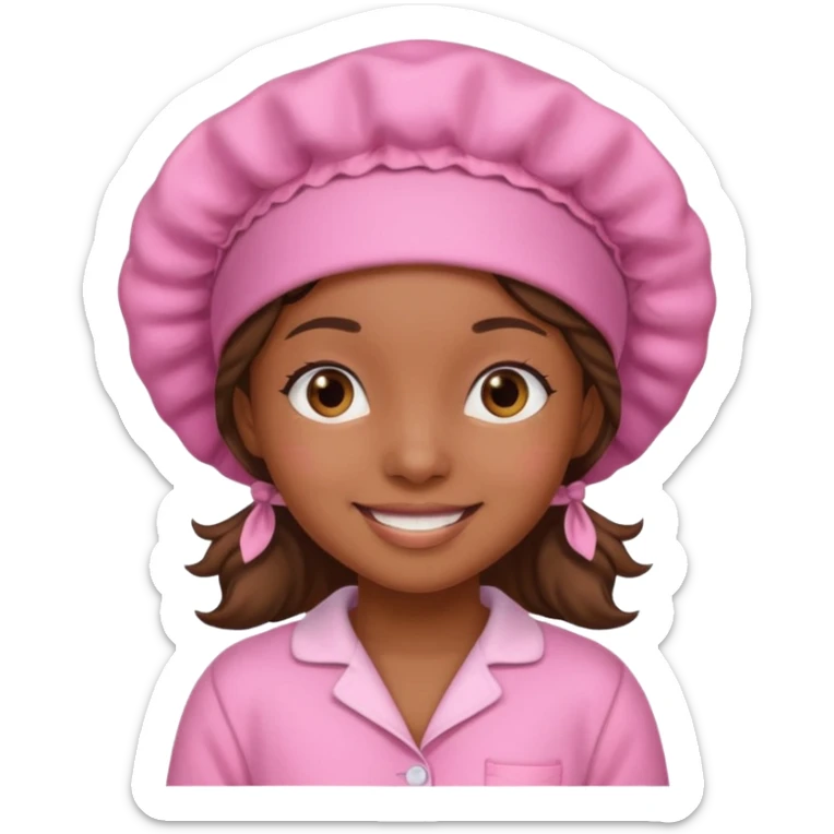 a brown skin girl with a pink bonnet and pajamas sticker