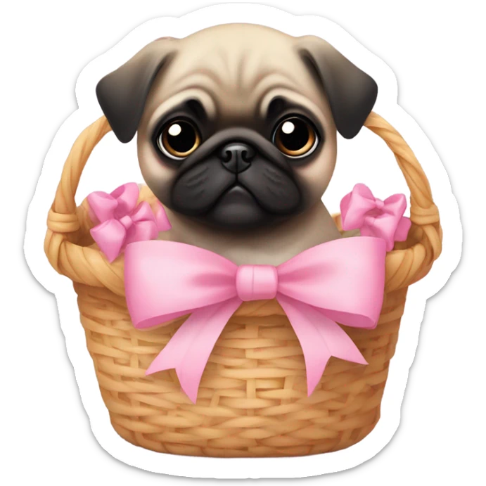  Baby pug with big pink
eyes wearing a pink bow sitting in a basket  sticker