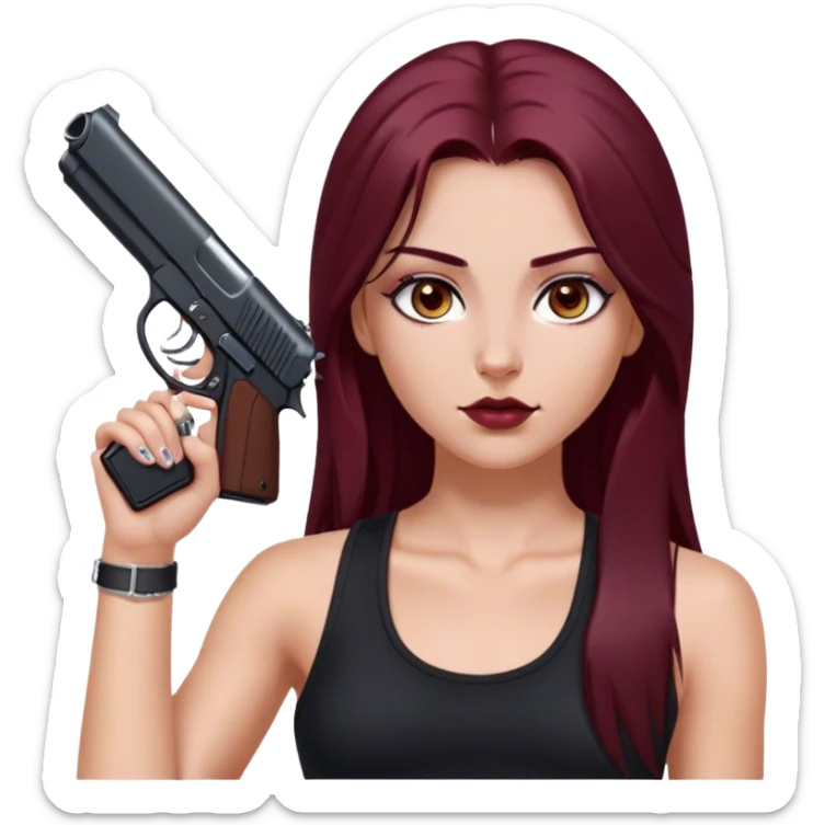 emoji of white girl with black gun in hand with a black tank top gorgeous girl y2k with maroon dark long hair in a middle part with straight nose hazel eyes medium perfect eye brows with  a nose ring silver on the right nostril  sticker