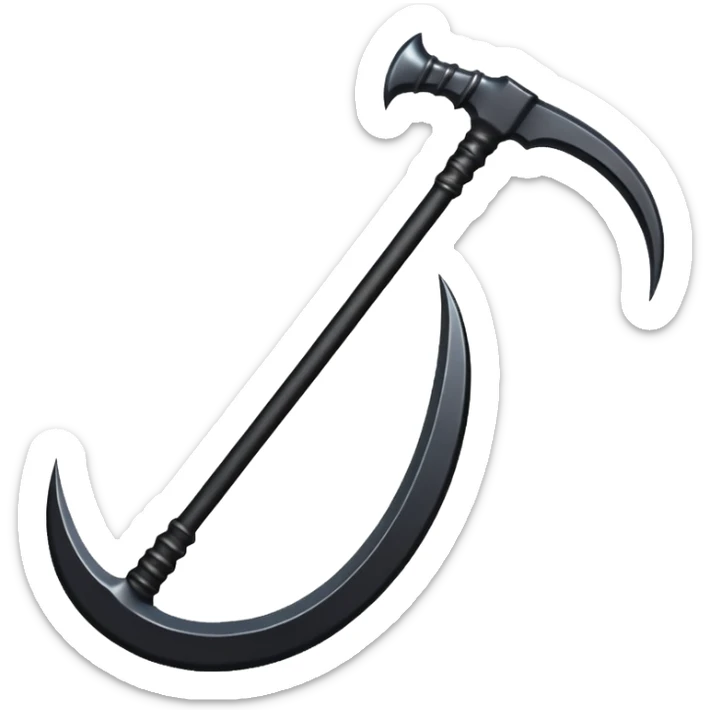 The scythe of the God of Death, a symbol of death, is long and straight, entirely in deep black. sticker
