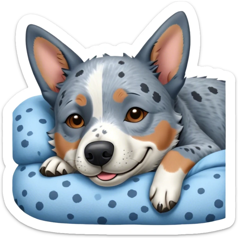 Meme-Worthy Cute Sleeping Blue Speckle Australian Cattle Dog Portrait Emoji, Head resting peacefully with a contented smile, showcasing a robust build and a luxuriously soft blue speckle Fur, eyes shut in a serene nap, Simplified yet hilariously adorable features, highly detailed, glowing with a soft, drowsy light, high shine, relaxed and utterly lovable, stylized with an air of playful laziness, bright and heartwarming, soft glowing outline, capturing the essence of a comically sleepy herder, so meme-worthy it feels like it could instantly become the next viral sensation of adorable slumber! sticker