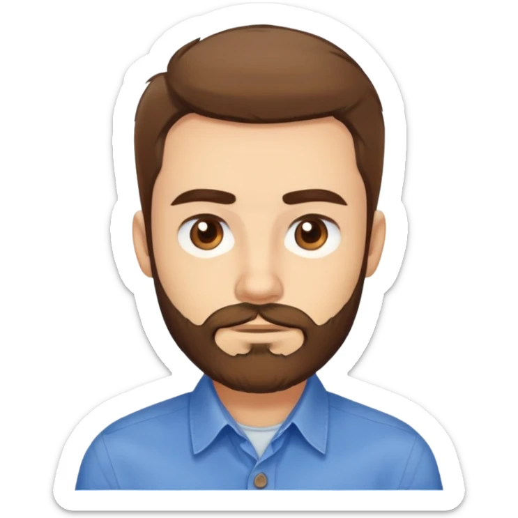 Head portrait of Puerto Rican actor René Monclova. Round face, wide jaw, light complexion. Expressive brown eyes, thick eyebrows. Short brown hair. Unkempt beard, medium length and brown. Friendly expression. Wearing a blue button-up shirt. sticker