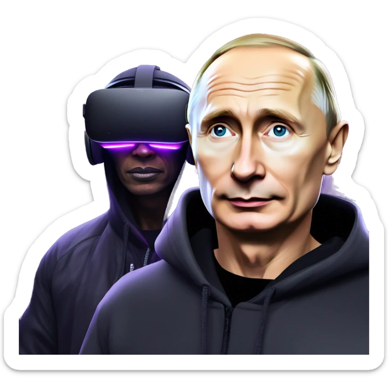 Vladimir Putin wearing a black hoodie with "OMG" letters on it and VR headset oculus quest 2 in a cyberpunk VR environment with violet neon lighting. sticker