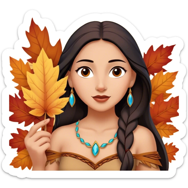 Cinematic Playful Pocahontas Portrait Emoji, Tilting her head with a knowing smirk, holding a delicate autumn leaf, eyes glimmering with adventure, an enchanting blend of confidence and charm, absolutely captivating! sticker