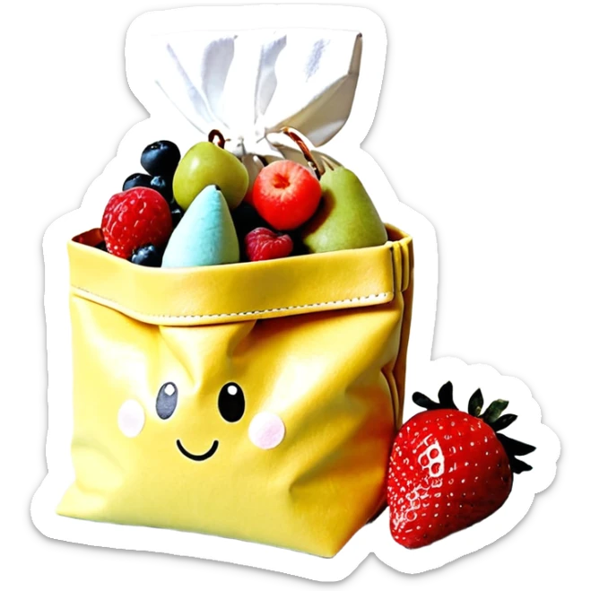 Ein weicher, bunter Standbeutel für Kinder, gefüllt mit püriertem Obstmus. Oben hat er einen kleinen wiederverschließbaren Schraubverschluss, aus dem Kinder direkt trinken oder saugen. Verpackung wie Babynahrung-Beutel aus dem Supermarkt, mit fröhlichem Obst-Design (Apfel, Banane, Erdbeere). sticker