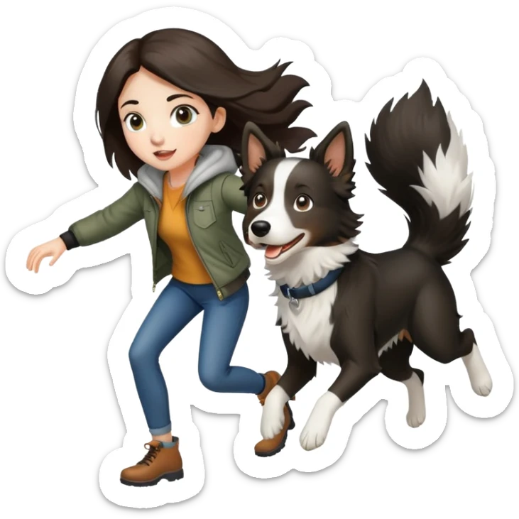 A beautiful girl with fair skin wearing a jacket chasing a Border Collie sticker