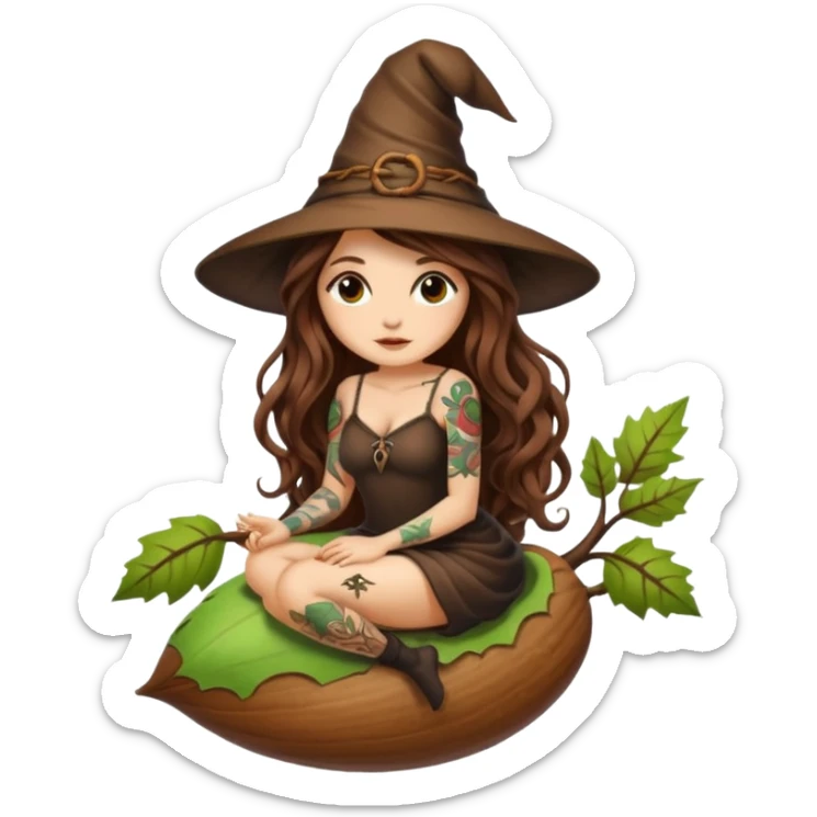 cute forest witch woman long wavy brown hair tattoos sitting inside acorn sticker