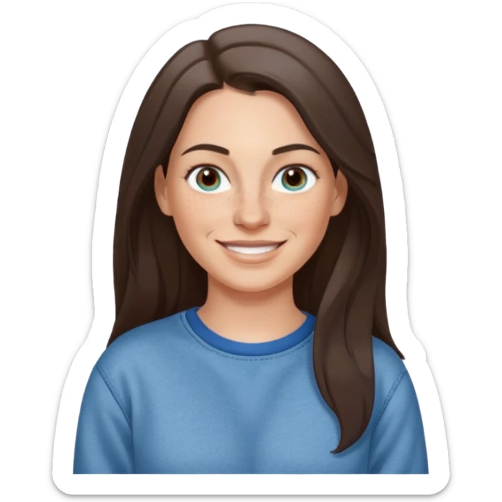 A 38 year old white woman with long dark brown hair parted in the middle. She has a nose ring. She has freckles and is wearing a sweatshirt and jeans smiling sticker