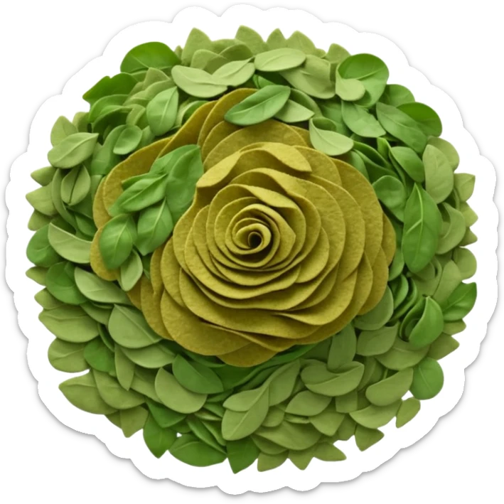 scatter of dry crumbled green flakes with curled uneven shapes and matte texture, color ranges from muted olive to dark sage, evoking sun-dried basil leaves, apple emoji style, soft lighting, subtle shadows, transparent background, emoji scale sticker