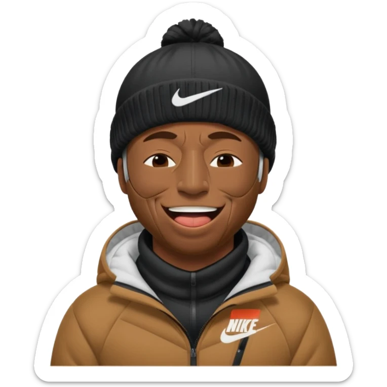 black guy with nike ski mask on squinching his face with his mouth closed trying to hold his laugh with his eyes closed sticker