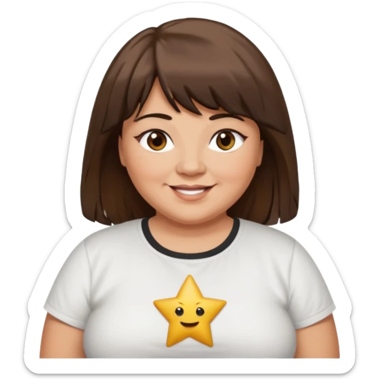 middle aged overweight woman with tan skin, black star next to left eye, long brown hair with bangs, brown eyes, smiling, white t-shirt sticker