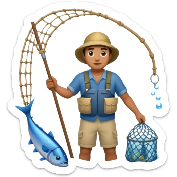 a Polynesian fisherman standing in the water with a large net full of fish sticker