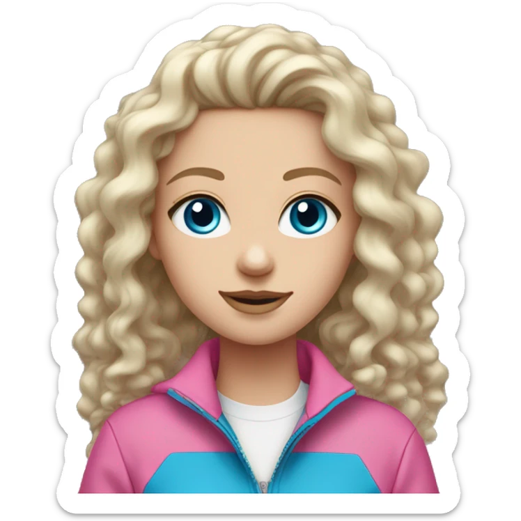 white girl with blue eyes and long curly hair with pink Quarter zip up jacket sticker