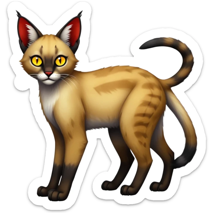 Gothic exotic Red and black and white and yellow and edgy and cute shiny Fantasy-Siamese-Bobcat-Caracal-Lykoi-feline-Fakémon-feline-hybrid (full body) sticker