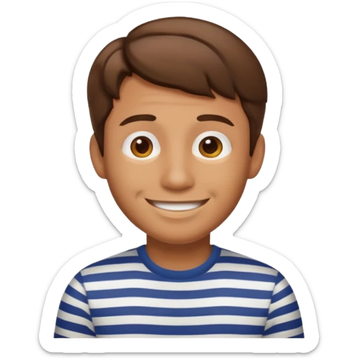 “Cartoony emoji avatar man, tanned skin, short wavy hair, wearing a striped shirt, smiling, clean turquoise background.” sticker