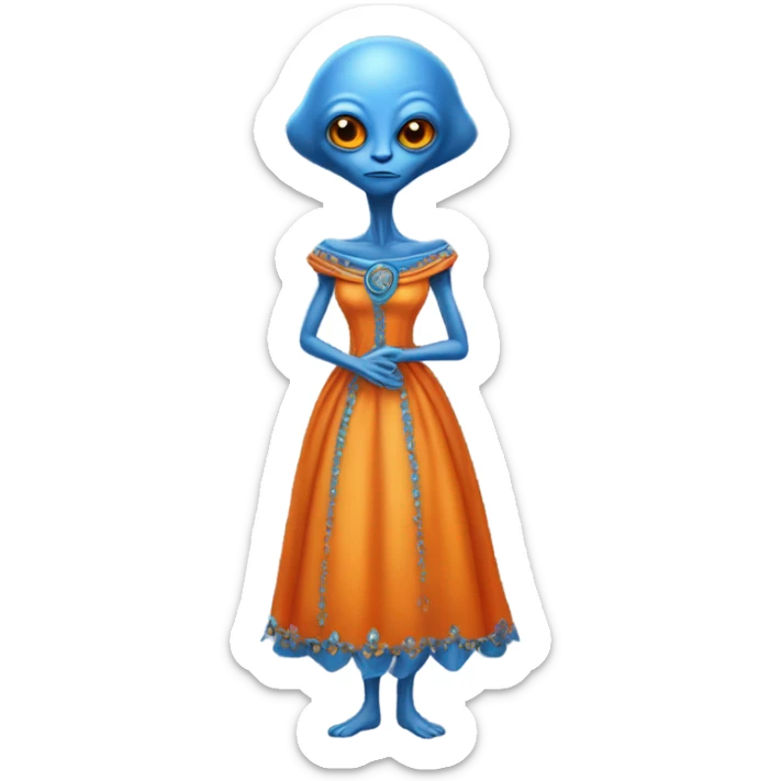 a orange alien woman, full body, in blue Romanov dress sticker