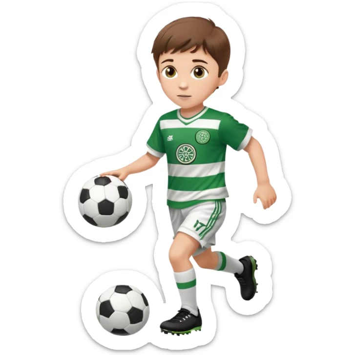 Celtic footballer jersey logo  6 years old brown hair white boy , brown eyes , stripes uniform , RUNNING  with soccer ball # 17 celtic football logo PUT ONLY ONE LOGO ONE CELTIC LOGO ONLY white shorts sticker