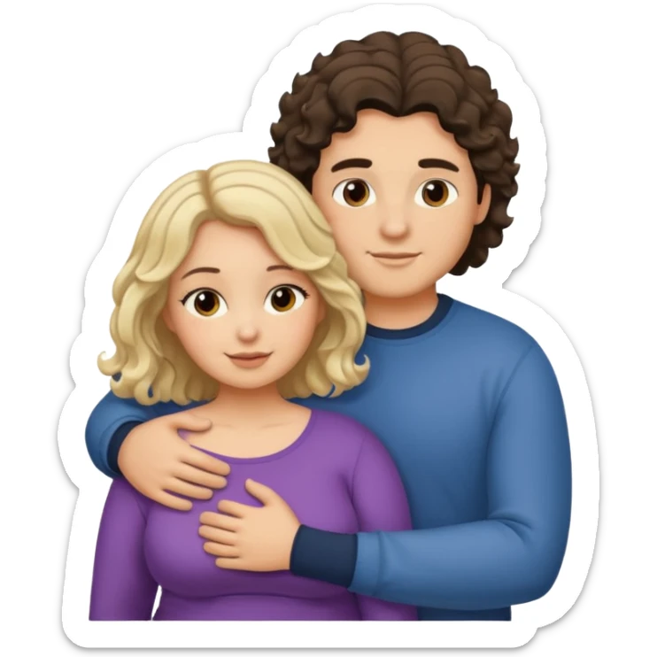 flirty couple hugging. The man dark brown brushed hair. The woman is chubby and has shoulder-length blond curls sticker