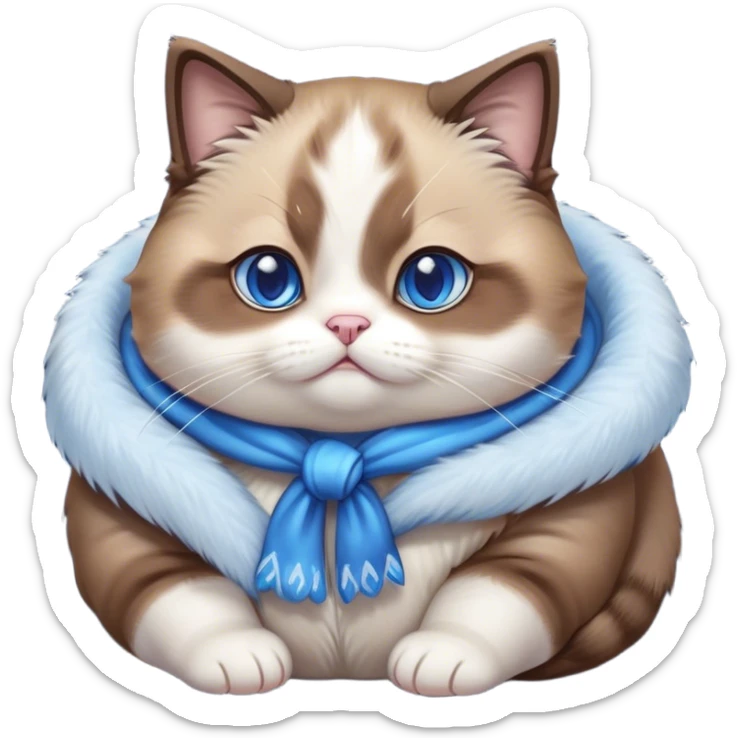 Cinematic Cute Chubby Brown Mantle Snowshoe Cat Portrait Emoji, Round and plump body, soft brown fur draped over its back like a luxurious coat, contrasted by fluffy white paws, chest, and an adorably chubby face, big, sparkling icy-blue eyes, Simplified yet irresistibly adorable features, highly detailed, glowing with a warm, cozy glow, high shine, curious yet calm, stylized with a touch of whimsy, bright and endearing, soft glowing outline, capturing the essence of a mischievous yet lazy and lovable kitty, so cuddly it feels like it could waddle right out of the screen for a snuggle! sticker