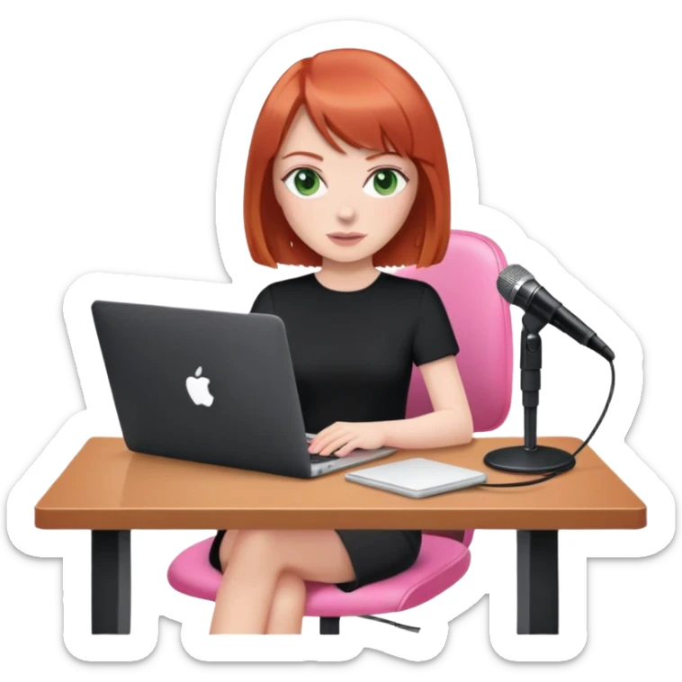 Redhead Bob with fringe with green eyes sat at desk with pink MacBook and  podcast microphone black top and pink chair  sticker