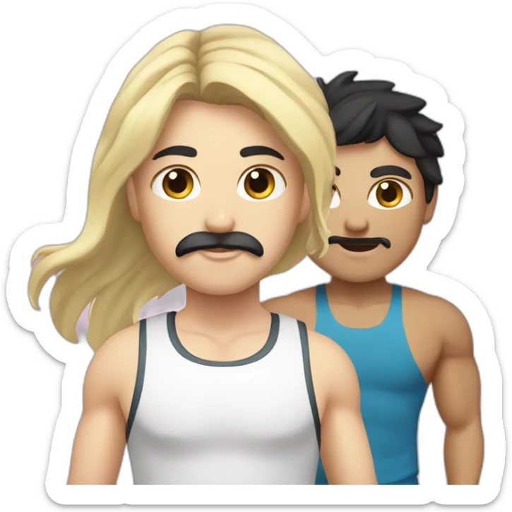 A guy with white skin, black hair, and a mustache with a blonde girl going to the gym sticker