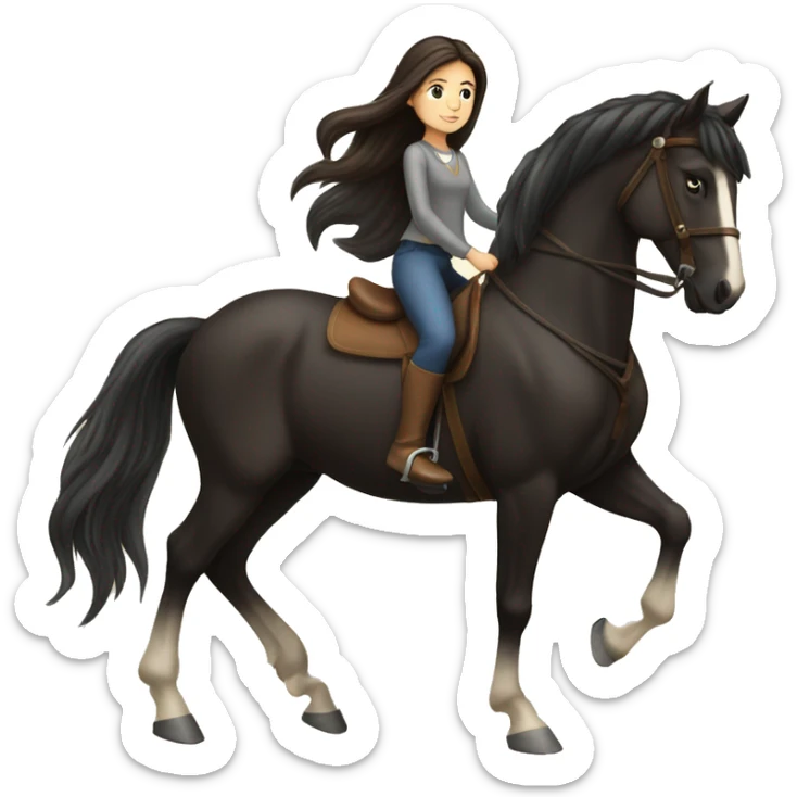 brunette girl with long hair riding a freisian horse sticker