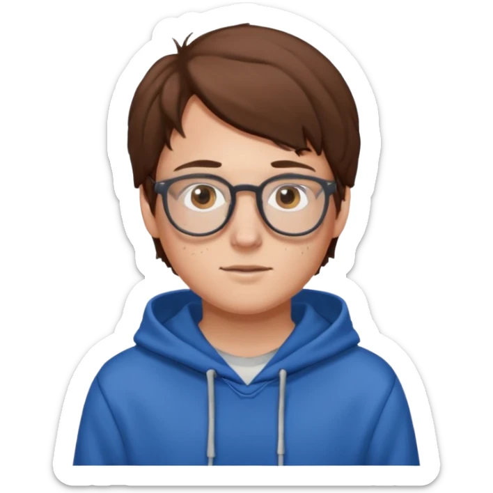 white boy with brown hair and eyes glasses freckles and hoodie sticker