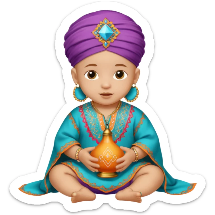  baby, dressed in colorful ghalibiya with delicate decorations, and a traditional Moroccan terbuka sticker