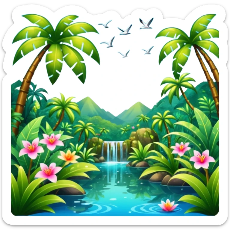 Lush exotic tropical sparkly colorful flowery jungle nature glittery water wildlife scenery  sticker
