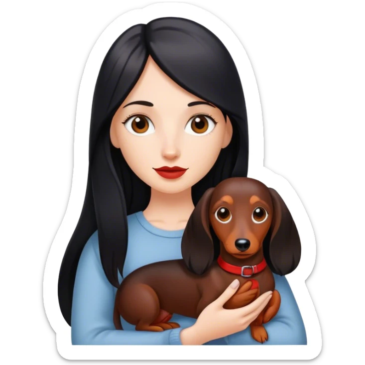 White girl with black straight long hair holding a red dachshund  sticker