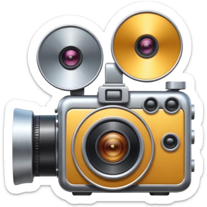 Minimal emoji icon of a huge cinematic metalic camera, front view, simple shapes, realistic lens,  sticker