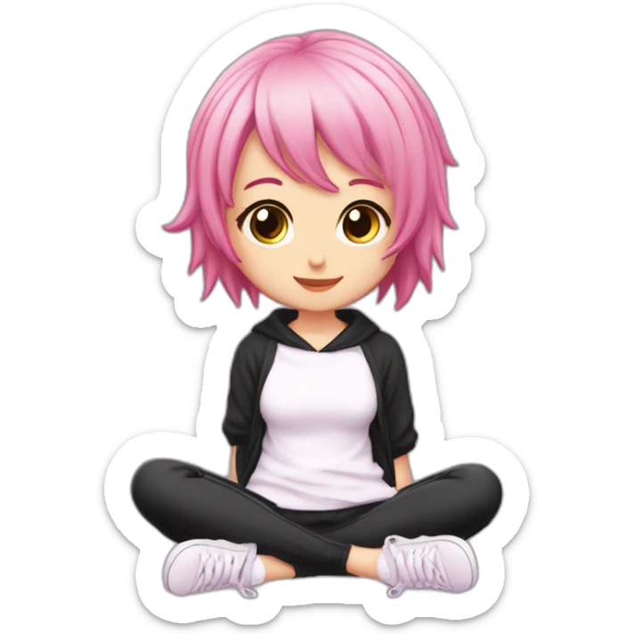 Full body Front view curvy emo girl pink hair sits on the floor straight view hands up black skirt белые трусики полосатые рваные чулки sticker