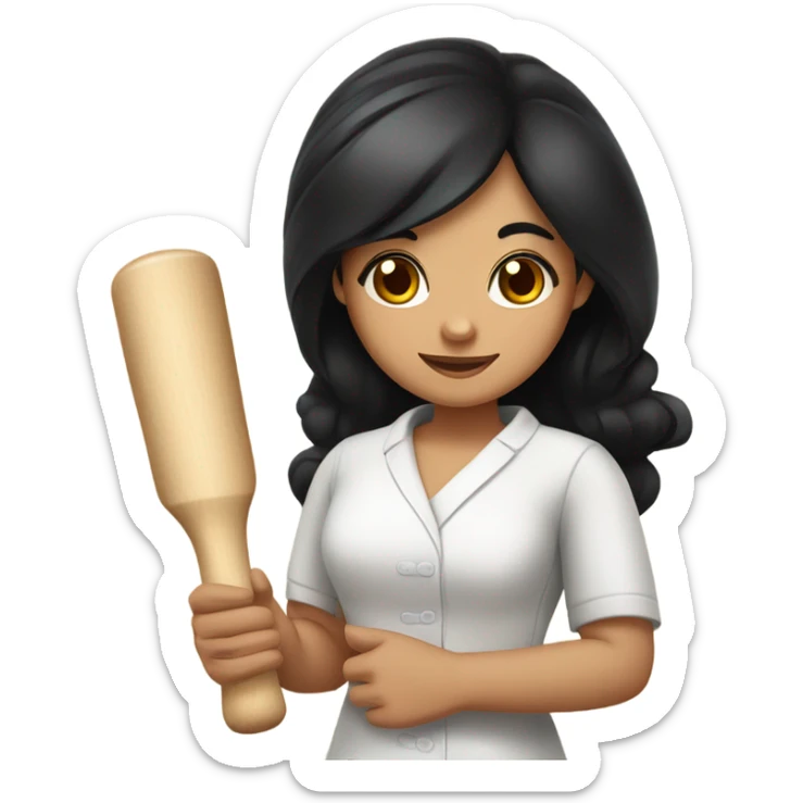 girl masseur with black hair and big brown eyes holds a wooden rolling pin in her hand sticker