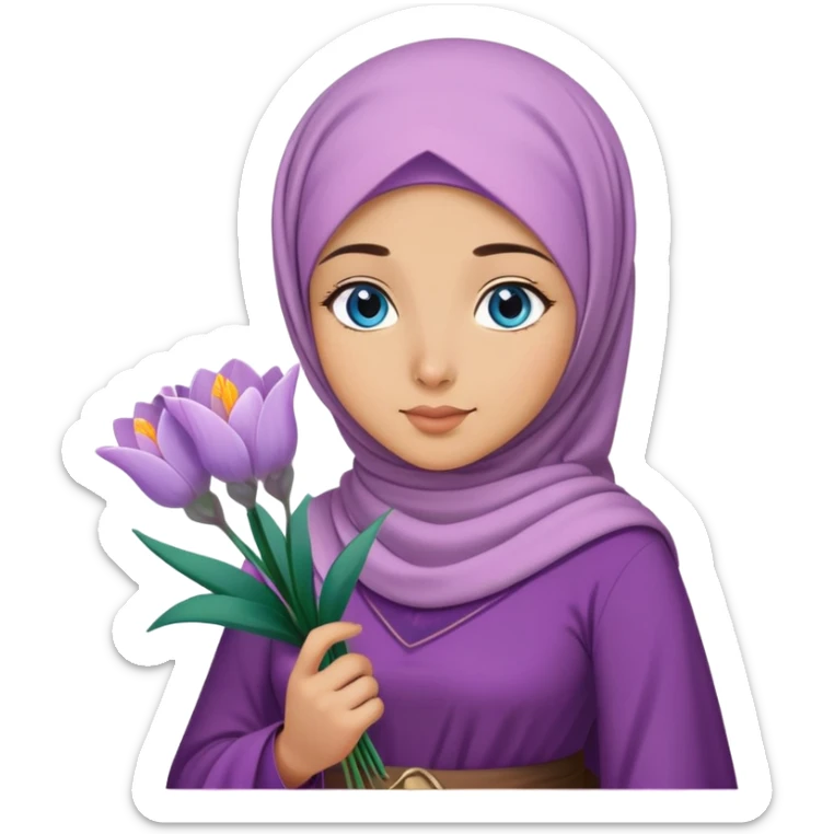 Turkish beautiful finish Konya girl blue eyes with crocus flower hijab long tail dress and hold crocus flower on hand  sticker