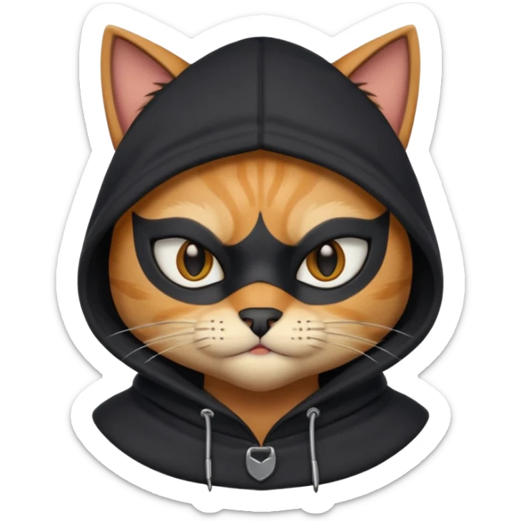 thief cat portrait, head and shoulders only, black mask markings, sly eyes, dark hoodie collar, mischievous expression, 3D cartoon, mobile game icon style, clean background, no text, no watermark
 sticker
