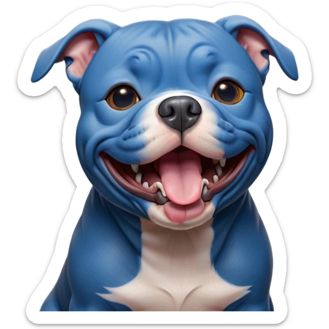 Cinematic Cute Yawning Blue Staffordshire Bull Terrier Portrait Emoji, Head tilted slightly with a dramatic, wide-open yawn, showcasing a smooth blue Fur with a refined texture, floppy ears slightly drooping, round dark eyes barely open in drowsy contentment, Simplified yet irresistibly adorable features, highly detailed, glowing with a soft, cozy glow, high shine, relaxed yet expressive, stylized with a touch of whimsy, bright and endearing, soft glowing outline, capturing the essence of a sleepy yet affectionate guardian, so drowsy it feels like it could stretch right out of the screen and curl up for a nap! sticker