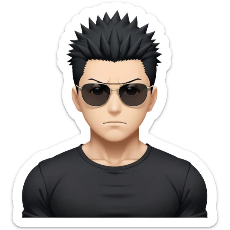 Satoru Gojo from Jujutsu Kaisen with spiky black hair, wearing form-fitting black t-shirt showing muscular build, confident expression, sunglasses on top of head sticker