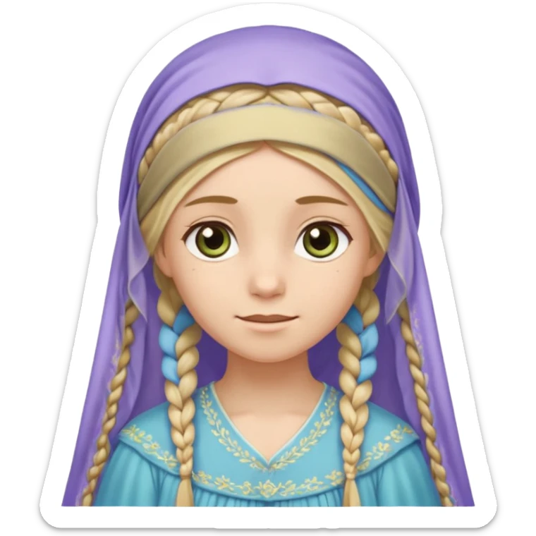 
mujer, Joven, de aspecto dulce y elegante.
Piel clara, ojos grandes y expresivos (pueden ser azules o verdes), sonrisa triste.
Rubio o castaño claro, largo, con trenzas o velo.
Vestido largo de tonos suaves (blanco, azul o lavanda), con bordados dorados; un manto o toca fina cubriendo la cabeza.
 sticker