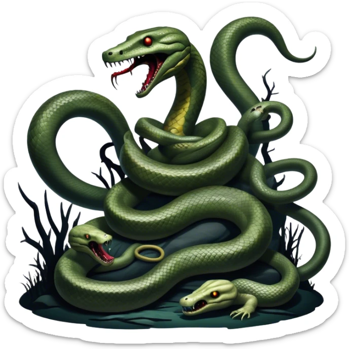 Thriller Movie Icon: A dramatic, close-up collage with sinister villains, a slithering anaconda, and zombie figures emerging from the shadows. Dark and moody atmosphere with eerie lighting, tension-filled elements. Transparent background. sticker