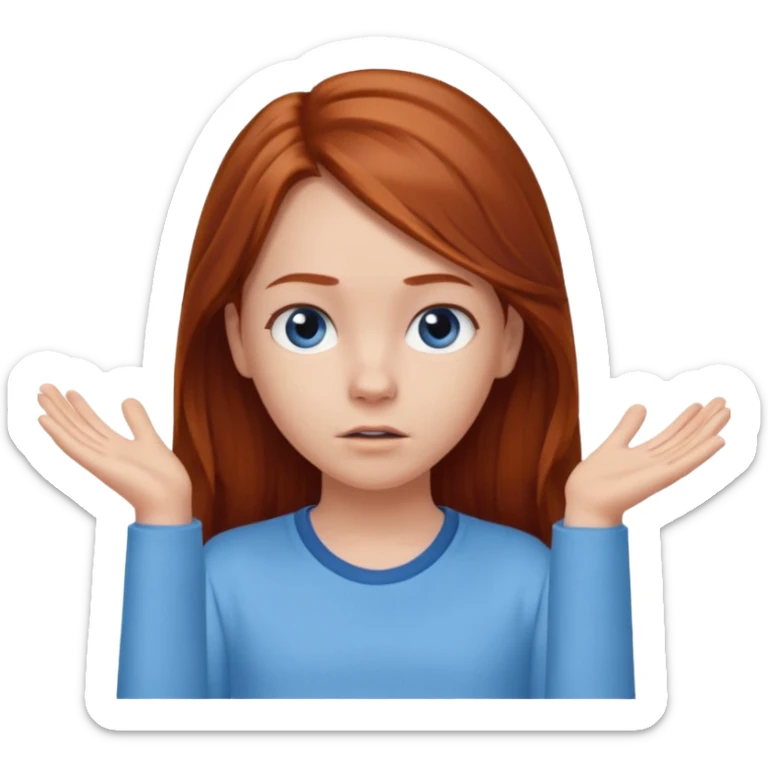 shrugging emoji tween long auburn hair light blue shirt with a darker blue L sticker