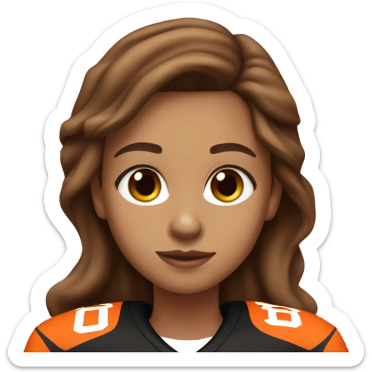 Girl with long brown hair, light skin, wearing orange and black Bengals football jersey sticker